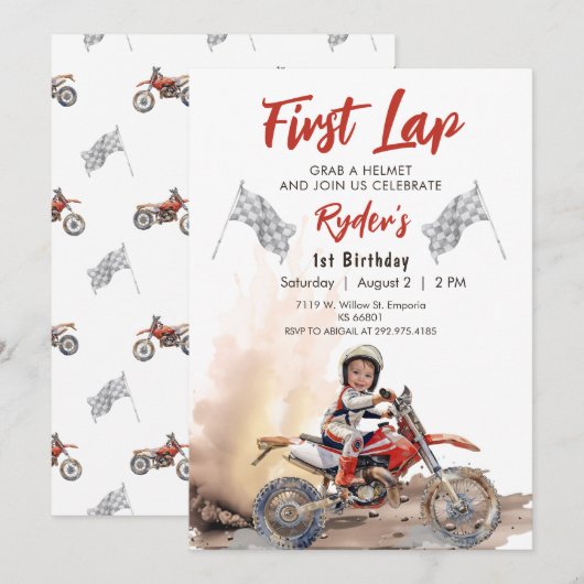 First Lap Little Racer 1st Birthday Photo 招待状 (正面/裏面)