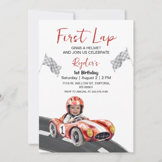 First Lap Race Car 1st Birthday Photo Invitation 招待状 (正面)