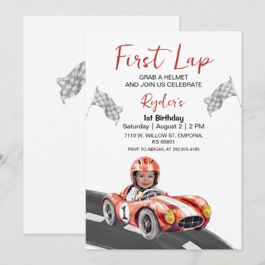First Lap Race Car 1st Birthday Photo Invitation 招待状 (正面/裏面)