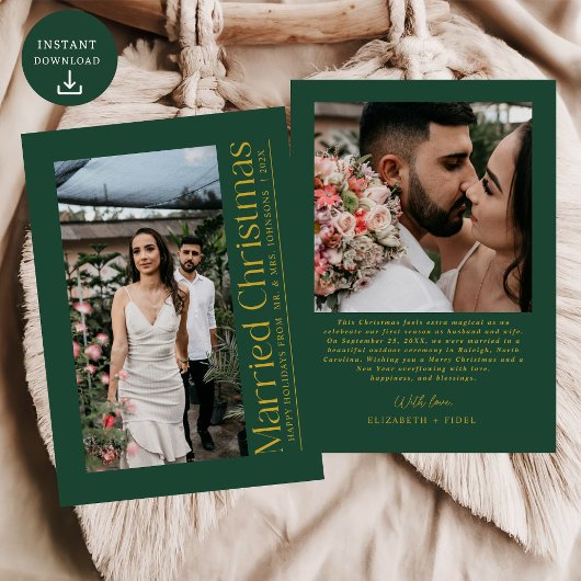 First Married Christmas Photo Newlyweds Green Gold シーズンカード