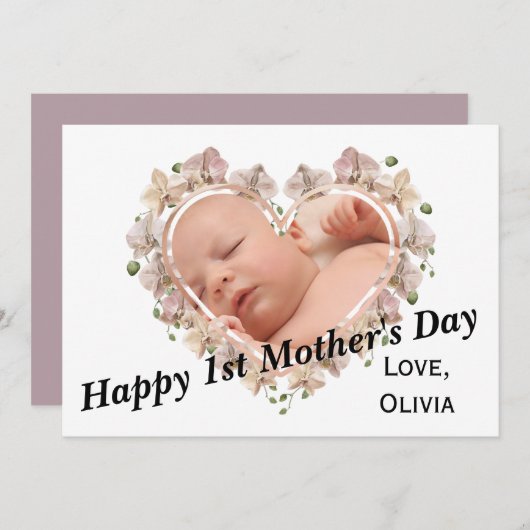 First Mothers Dayベビー写真SVGハートフローラ カード (正面/裏面)