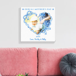 First Mother's Day Photo Heart Frame Baby Blue Bow キャンバスプリント