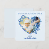 First Mother's Day Photo Heart Frame Baby Blue Bow シーズンカード (正面/裏面)