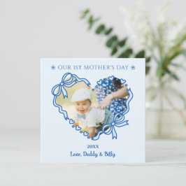 First Mother's Day Photo Heart Frame Baby Blue Bow シーズンカード