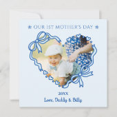 First Mother's Day Photo Heart Frame Baby Blue Bow シーズンカード (正面)