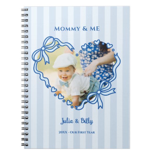 First Mother's Day Photo Heart Frame Baby Blue Bow ノートブック (正面)