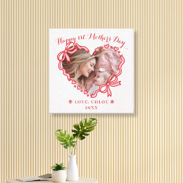 First Mother's Day Photo Heart Frame Red Pink Bow キャンバスプリント