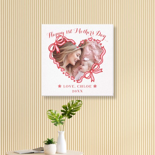 First Mother's Day Photo Heart Frame Red Pink Bow キャンバスプリント