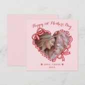 First Mother's Day Photo Heart Frame Red Pink Bow シーズンカード (正面/裏面)