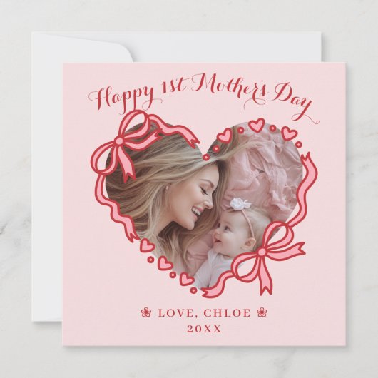 First Mother's Day Photo Heart Frame Red Pink Bow シーズンカード (正面)