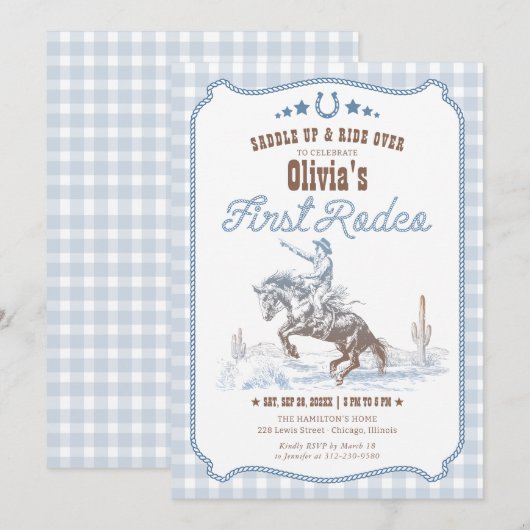 First Rodeo 1st Birthday Blue Western 招待状 (正面/裏面)