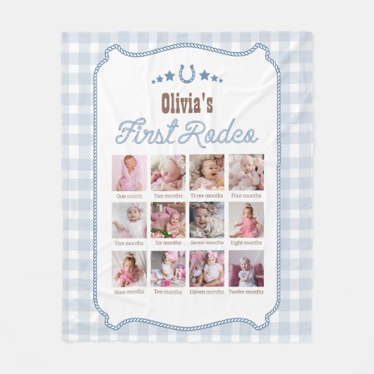 First Rodeo 1st Birthday Blue Western Photo Sign フリースブランケット (正面)