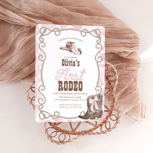 First Rodeo 1st Birthday Girl Dusty Pink Cow Print 招待状
