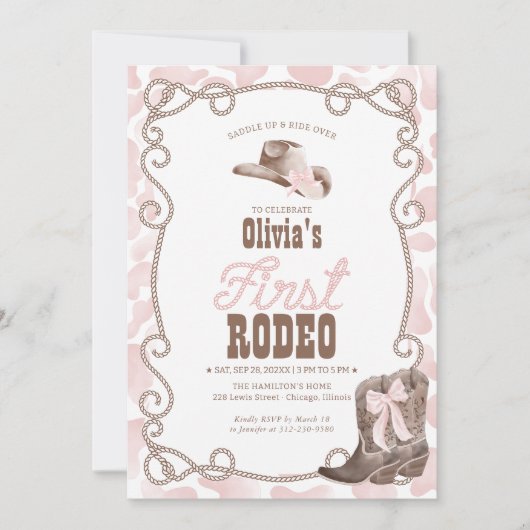 First Rodeo 1st Birthday Girl Dusty Pink Cow Print 招待状 (正面)