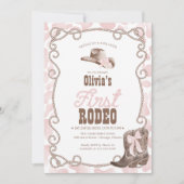 First Rodeo 1st Birthday Girl Dusty Pink Cow Print 招待状 (正面)