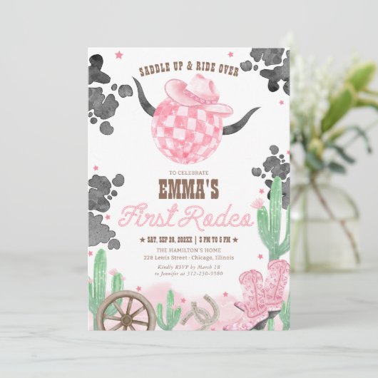 First Rodeo 1st Birthday Pink Boho Wild West 招待状 (スタンド正面)