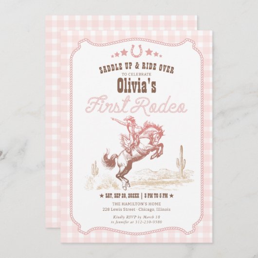 First Rodeo 1st Birthday Pink Western 招待状 (正面/裏面)