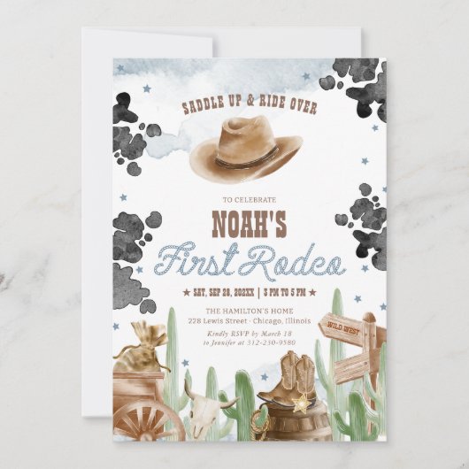 First Rodeo 1st Birthday Rustic Wild West 招待状 (正面)