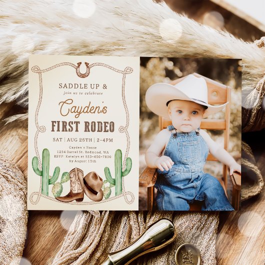 First Rodeo 1st Birthday Western Cowboy写真 招待状