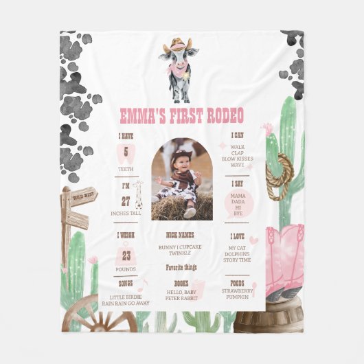First Rodeo Baby Cow Wild West Milestone Sign  フリースブランケット (正面)