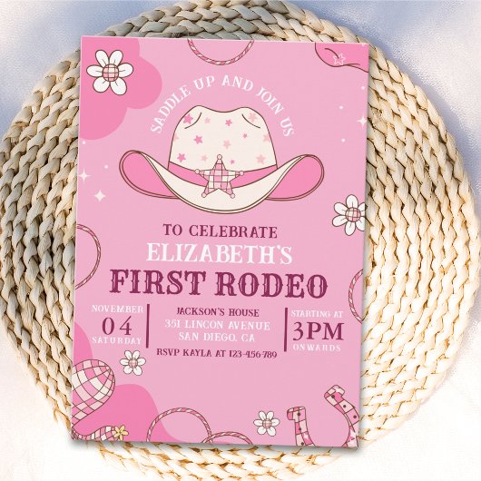 First Rodeo Birthday Girl Pink and white 招待状