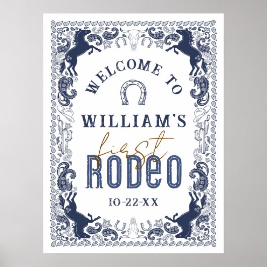 First Rodeo Birthday Party Welcome Sign - Navy Blu ポスター (正面)