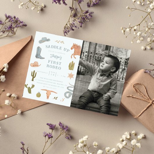 First Rodeo Cowboy Boy Birthday Party Photo 招待状