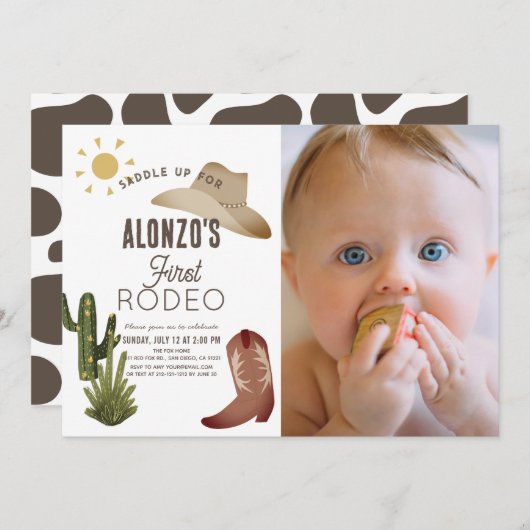 First Rodeo Cowboy Western Photo 1st誕生日 招待状 (正面/裏面)