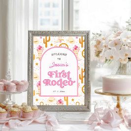 First Rodeo Cowgirl Pink 1st Birthday Welcome ポスター