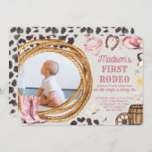 First Rodeo Girl Pink Western Birthday Party Photo 招待状 (正面/裏面)