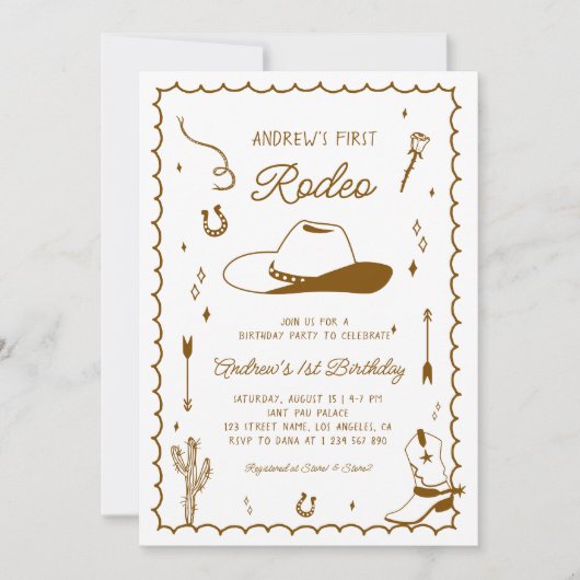 First Rodeo Hand Drawn West Western 1st誕生日 招待状 (正面)