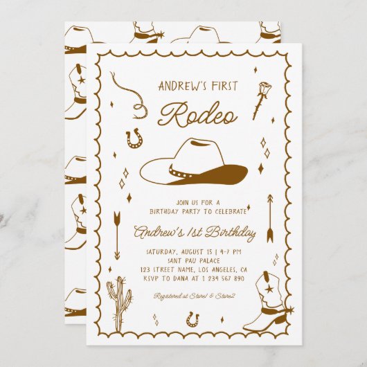 First Rodeo Hand Drawn West Western 1st誕生日 招待状 (正面/裏面)