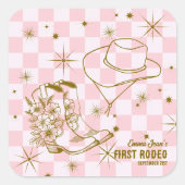 First Rodeo Pink Brown Cowgirl Boots Hat Birthday スクエアシール (正面)