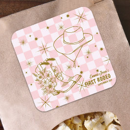 First Rodeo Pink Brown Cowgirl Boots Hat Birthday スクエアシール