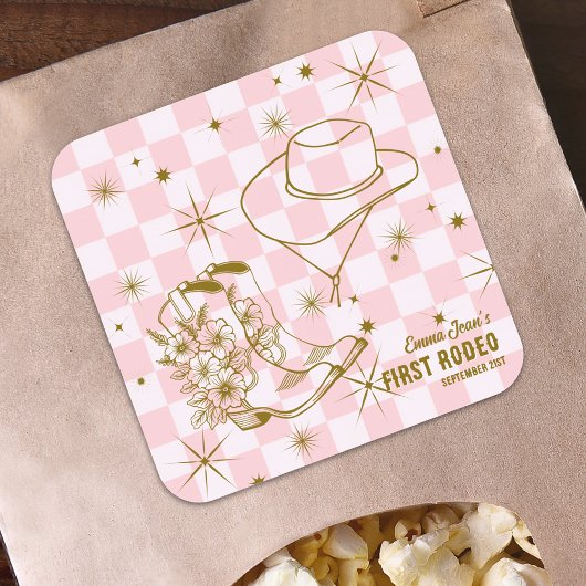 First Rodeo Pink Brown Cowgirl Boots Hat Birthday スクエアシール