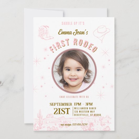 First Rodeo Pink Cowgirl First Birthday  招待状 (正面)