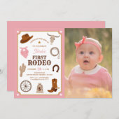 First Rodeo Pink Girl Wild West 1st Birthday Photo 招待状 (正面/裏面)