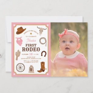 First Rodeo Pink Girl Wild West 1st Birthday Photo 招待状