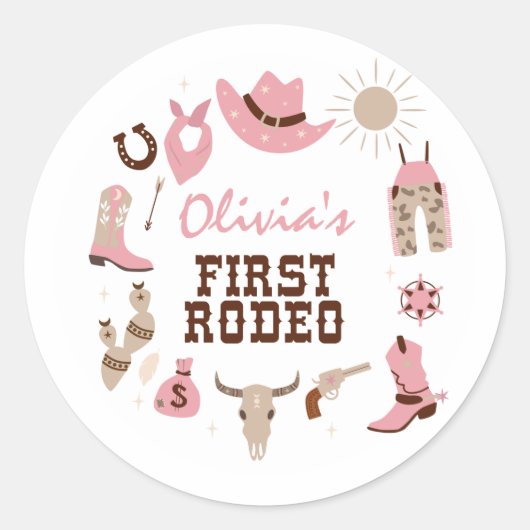 First Rodeo Pink Western Cowboy誕生日 ラウンドシール (正面)