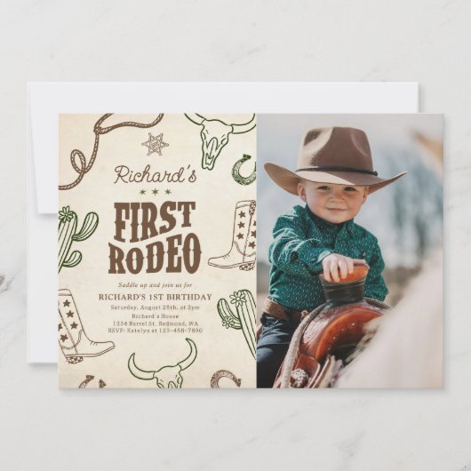 First Rodeo Western Boy 1st Birthday Photo 招待状 (正面)
