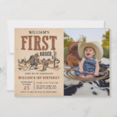 First Rodeo Western Cowboy 1st Birthday Photo 招待状 (正面)