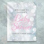 First Snowflakes Baby Shower Welcome Sign ポスター<br><div class="desc">Gentle snowflakes fall across your baby shower,  sprinkle or couples shower details,  set in elegant pink and charcoal grey text on a magical winter background,  this chic welcome sign is ideal for your special event. Designed by Thisisnotme©</div>