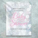 First Snowflakes Baby Shower Welcome Sign ポスター<br><div class="desc">Gentle snowflakes fall across your baby shower,  sprinkle or couples shower details,  set in elegant pink and charcoal grey text on a magical winter background,  this chic welcome sign is ideal for your special event. Designed by Thisisnotme©</div>