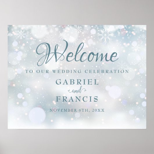 First Snowflakes Winter Wedding Welcome Sign ポスター (正面)