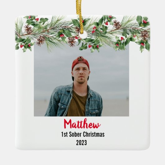First Sober Christmas ミニマル Photo セラミックオーナメント (正面)