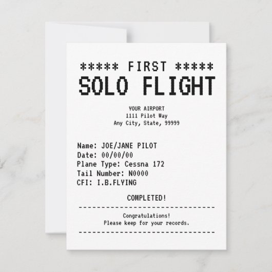 First Solo Flight Congratulations Flat Card (正面)