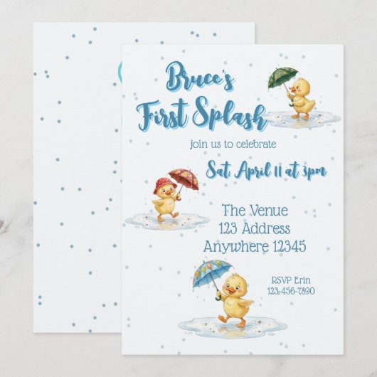 First Splash, Puddle Jumping Duck 1st Birthday 招待状 (正面/裏面)