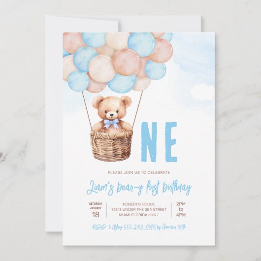 First Teddy Bear Boy Boho 1st誕生日 招待状 (正面)