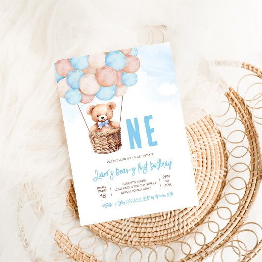 First Teddy Bear Boy Boho 1st誕生日 招待状