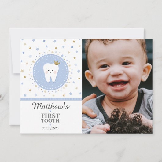 First Toothパーソナライズされた男の赤ちゃんフォトカード シーズンカード (正面)